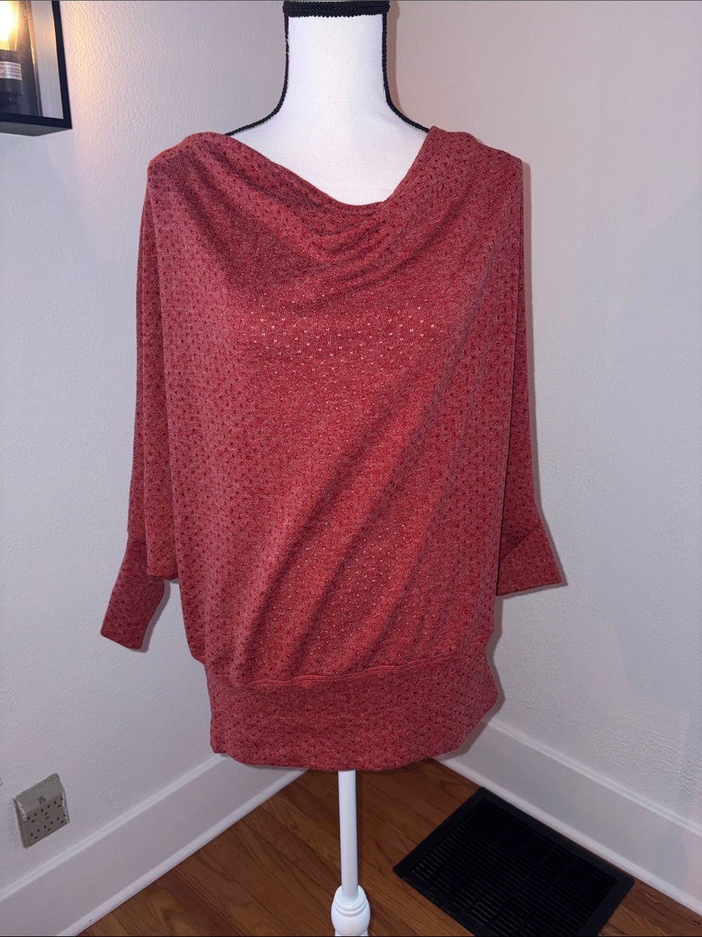 NWT Easel Dolman Off Shoulder Red Glitter Top Size Medium Polka Dot